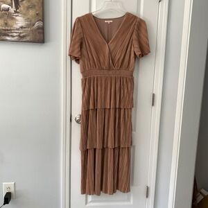 Skies Are Blue Mauve Pleated Tiered Midi Dress V-Neck Smocked Waist Rose Large